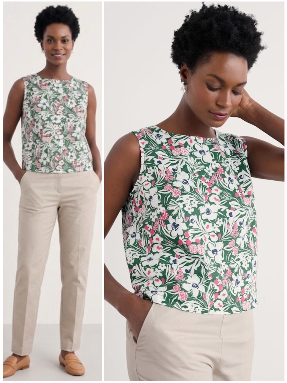 Seasalt Cornwall Color Study 100% Linen Green White Floral Top Boatneck Size 8
